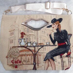 Tapestry Cafe Women's Large Tote Bag Lip Handles with Strap